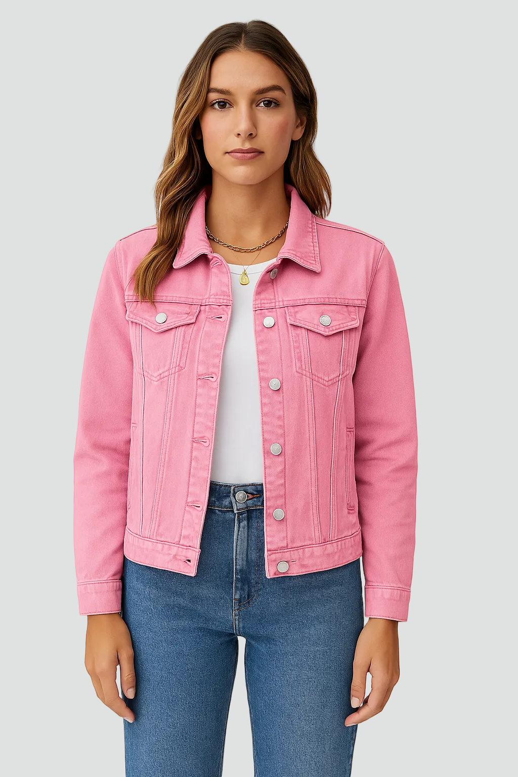 Dames Denim Jacket met Knoopsluiting en Borstzakken Roze