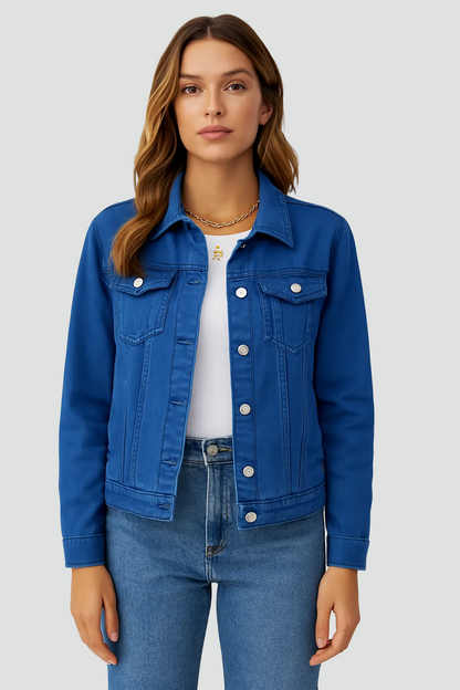 Dames Denim Jacket met Knoopsluiting en Borstzakken Donkerblauw