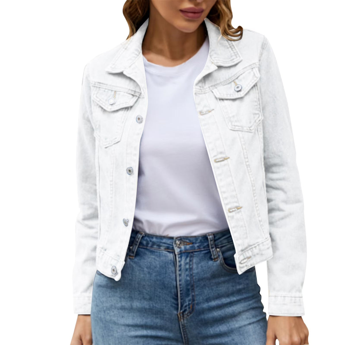 Dames Denim Jacket met Knoopsluiting en Borstzakken Wit