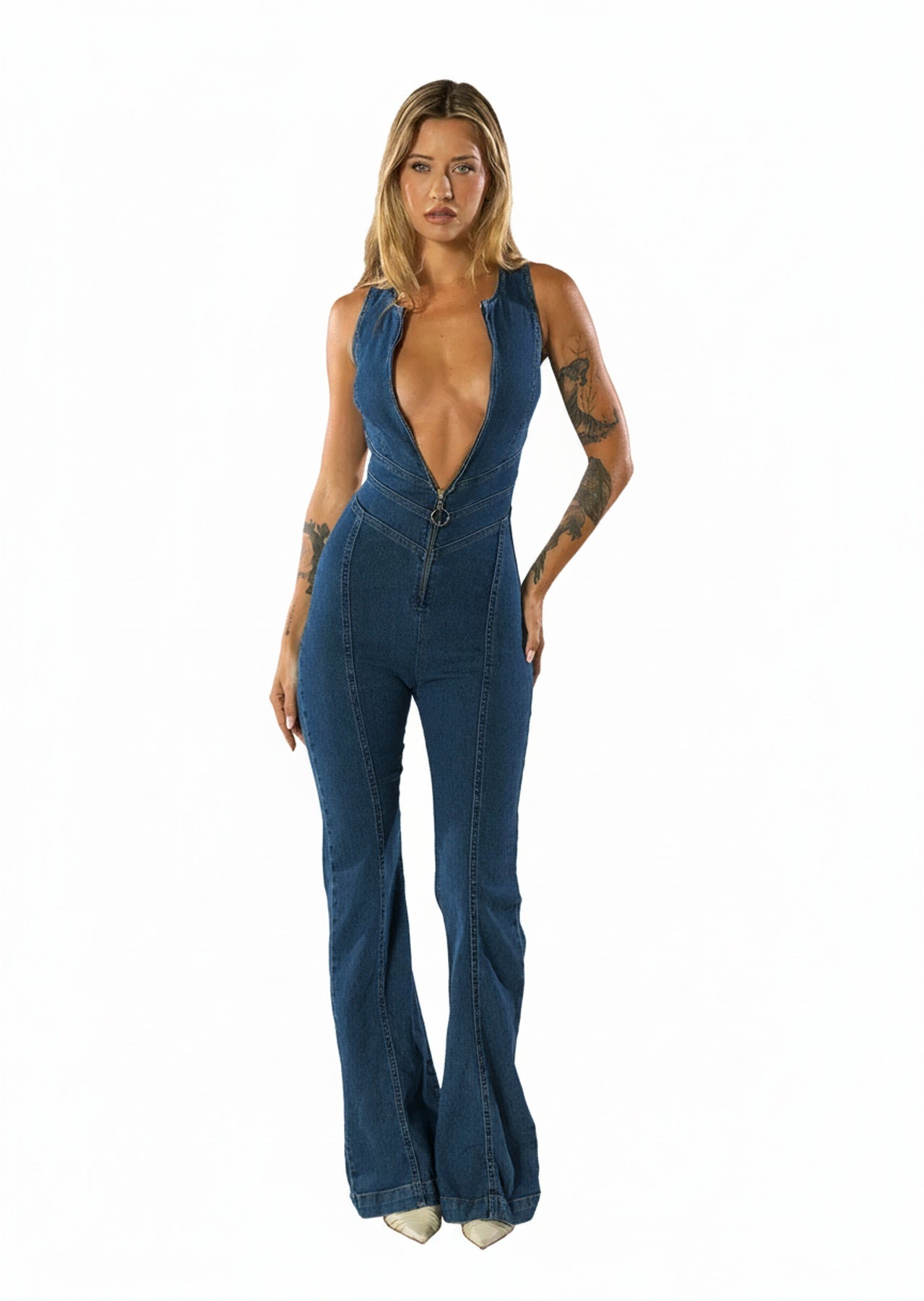 Dames Denim Jumpsuit Mouwloos met Diepe V-hals en Wijduitlopende Pijpen