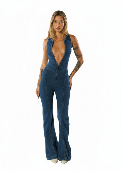Dames Denim Jumpsuit Mouwloos met Diepe V-hals en Wijduitlopende Pijpen