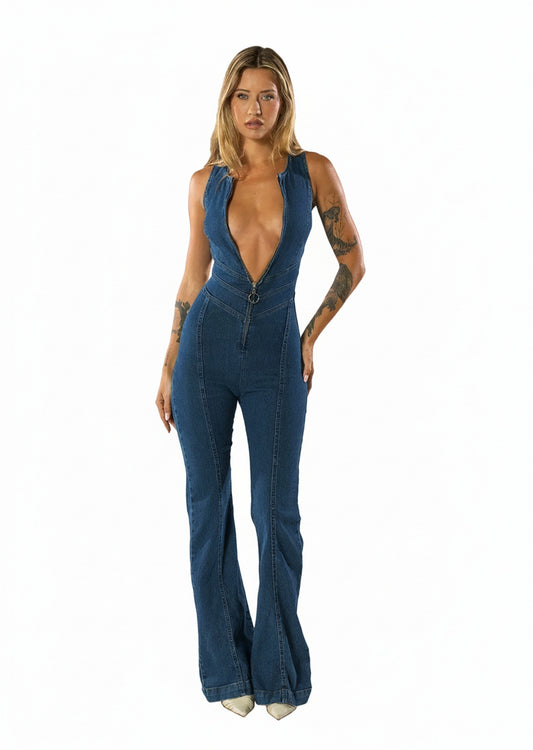 Dames Denim Jumpsuit Mouwloos met Diepe V-hals en Wijduitlopende Pijpen