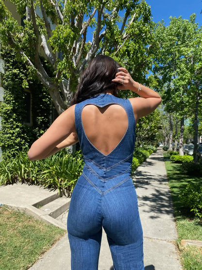 Dames Denim Jumpsuit Mouwloos met Diepe V-hals en Wijduitlopende Pijpen