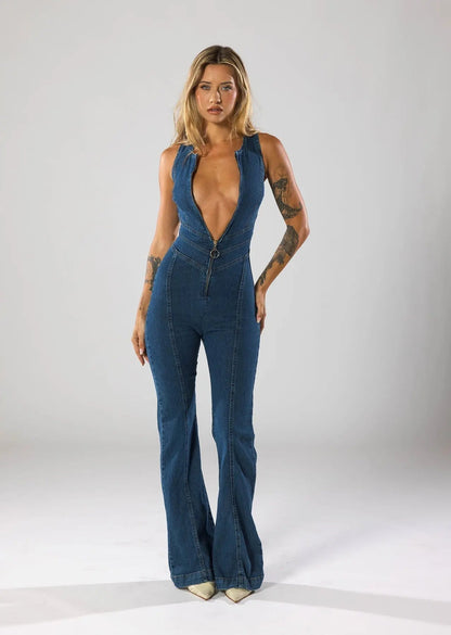 Dames Denim Jumpsuit Mouwloos met Diepe V-hals en Wijduitlopende Pijpen