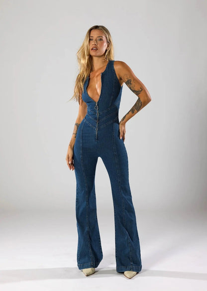 Dames Denim Jumpsuit Mouwloos met Diepe V-hals en Wijduitlopende Pijpen
