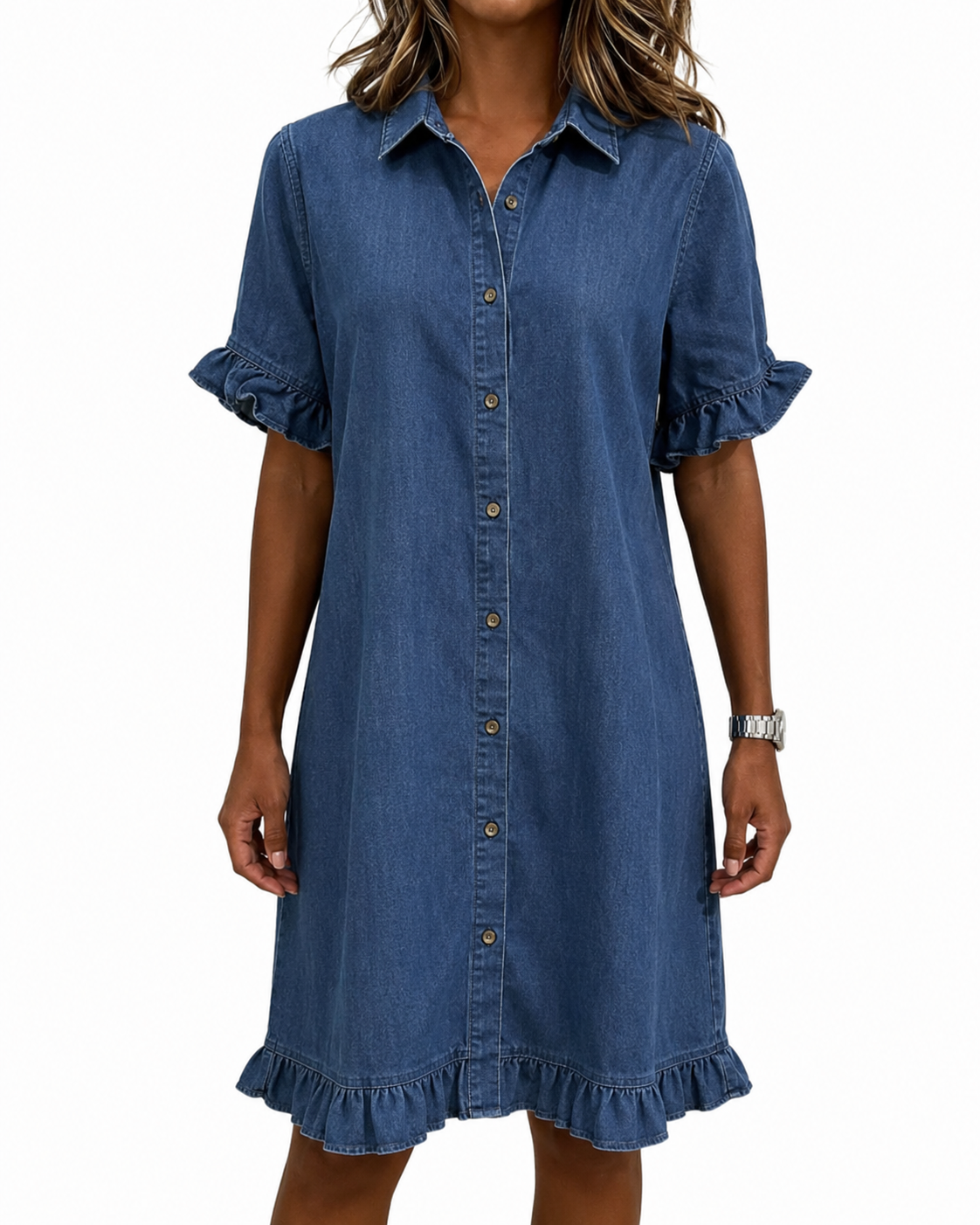 Dames Denim Jurk met Knoopsluiting, Volantmouwen en Ruches Blauw