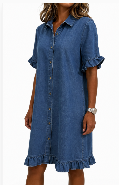 Dames Denim Jurk met Knoopsluiting, Volantmouwen en Ruches
