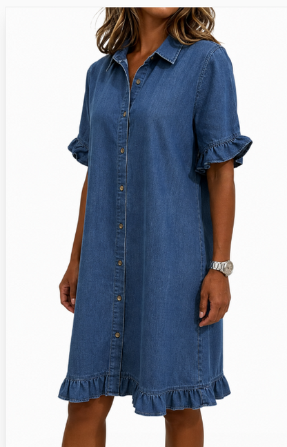 Dames Denim Jurk met Knoopsluiting, Volantmouwen en Ruches