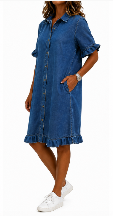 Dames Denim Jurk met Knoopsluiting, Volantmouwen en Ruches
