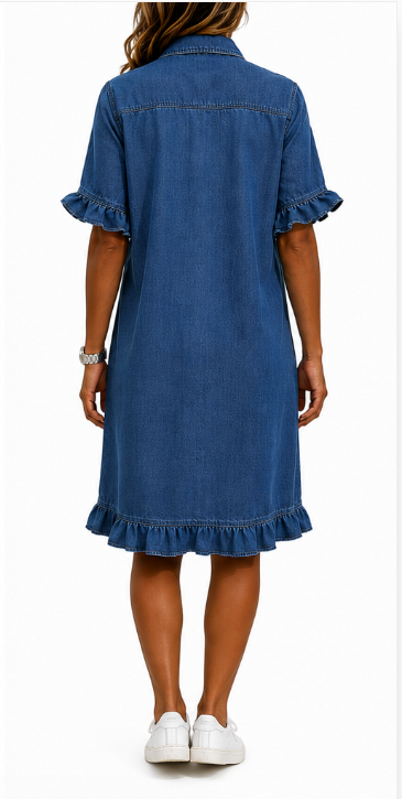 Dames Denim Jurk met Knoopsluiting, Volantmouwen en Ruches