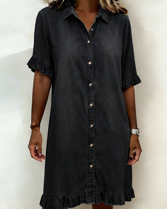 Dames Denim Jurk met Knoopsluiting, Volantmouwen en Ruches Zwart