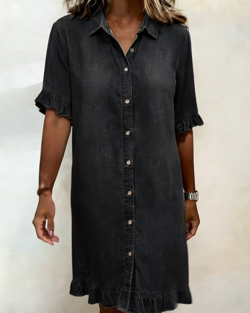 Dames Denim Jurk met Knoopsluiting, Volantmouwen en Ruches