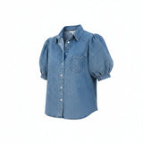 Dames Denim Shirt met Korte Pofmouwen en Borstzakje