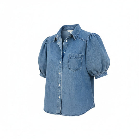 Dames Denim Shirt met Korte Pofmouwen en Borstzakje Blauw