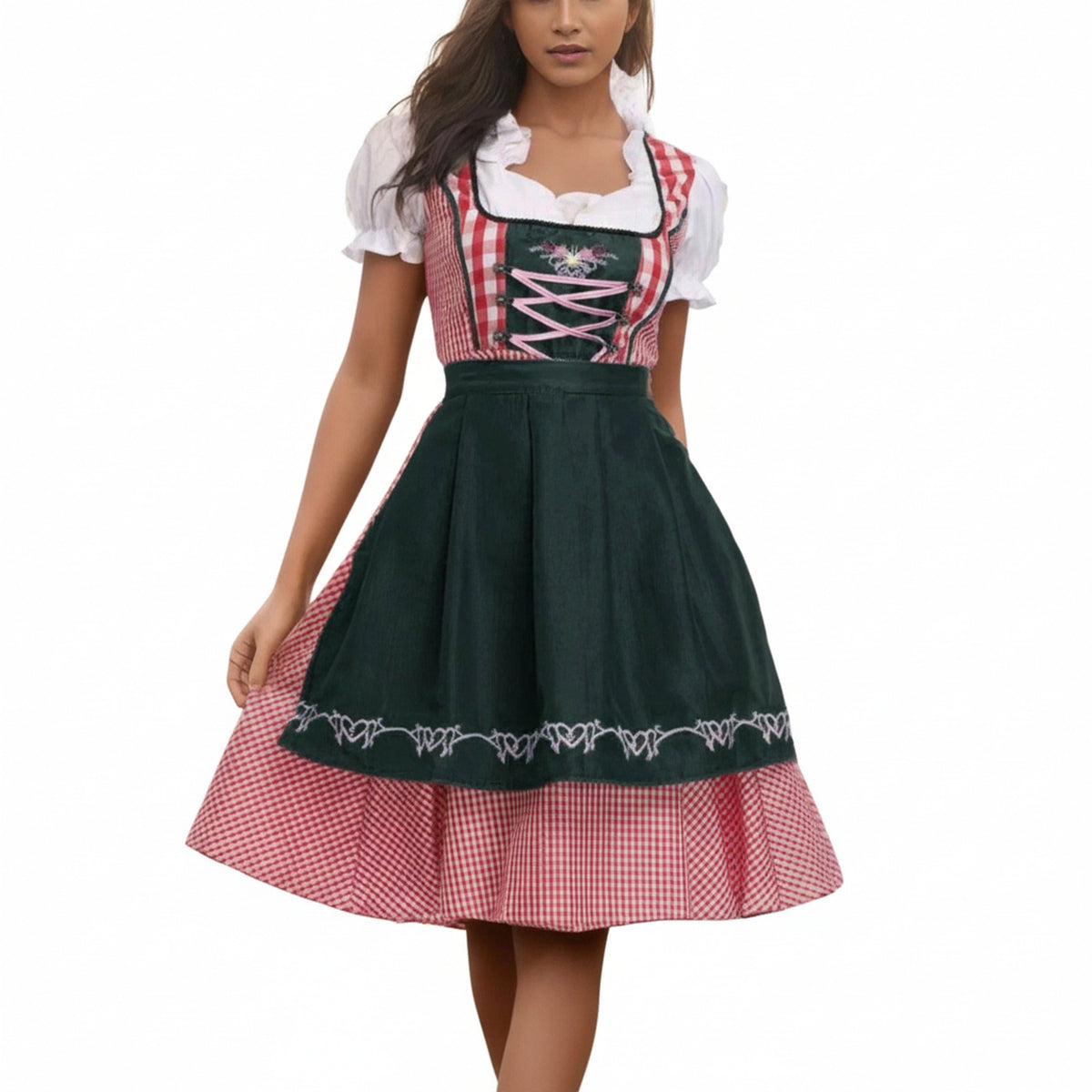 Dames Dirndl Jurk met Geruit Patroon en Schort voor Oktoberfest