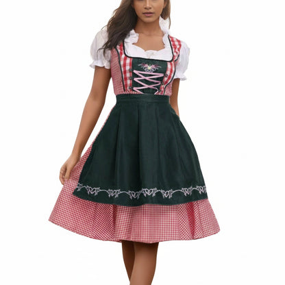 Dames Dirndl Jurk met Geruit Patroon en Schort voor Oktoberfest