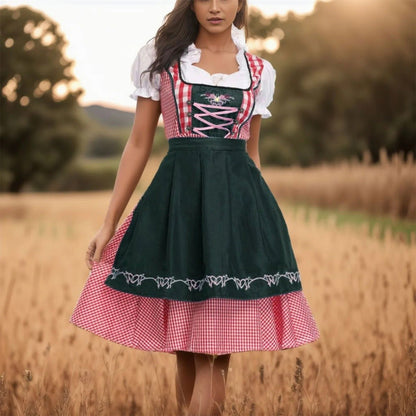 Dames Dirndl Jurk met Geruit Patroon en Schort voor Oktoberfest Groen