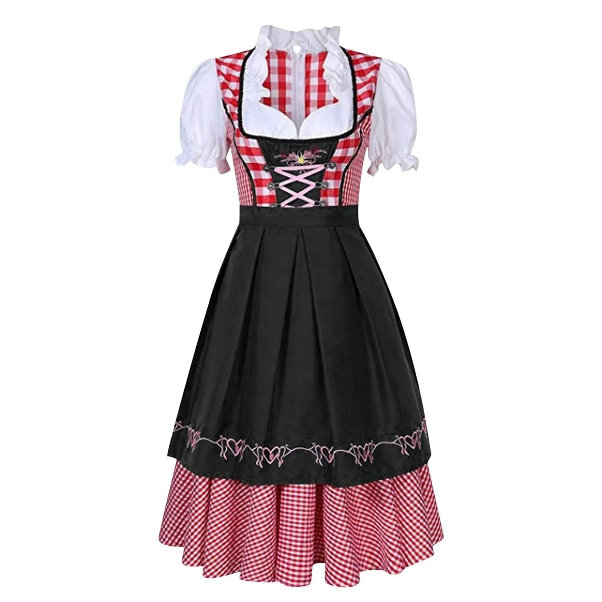 Dames Dirndl Jurk met Geruit Patroon en Schort voor Oktoberfest Zwart