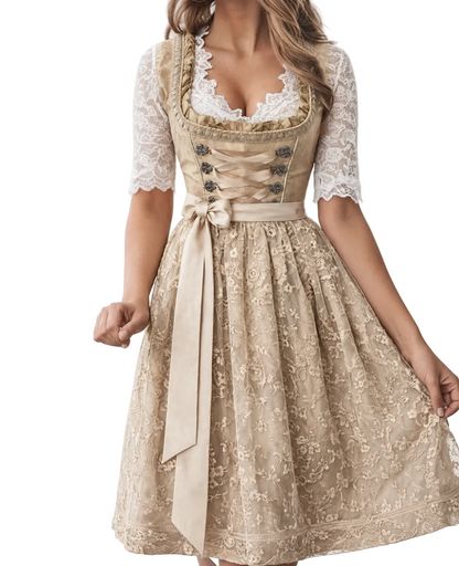 Dames Dirndl Jurk met Kanten Blouse en Vetersluiting Beige