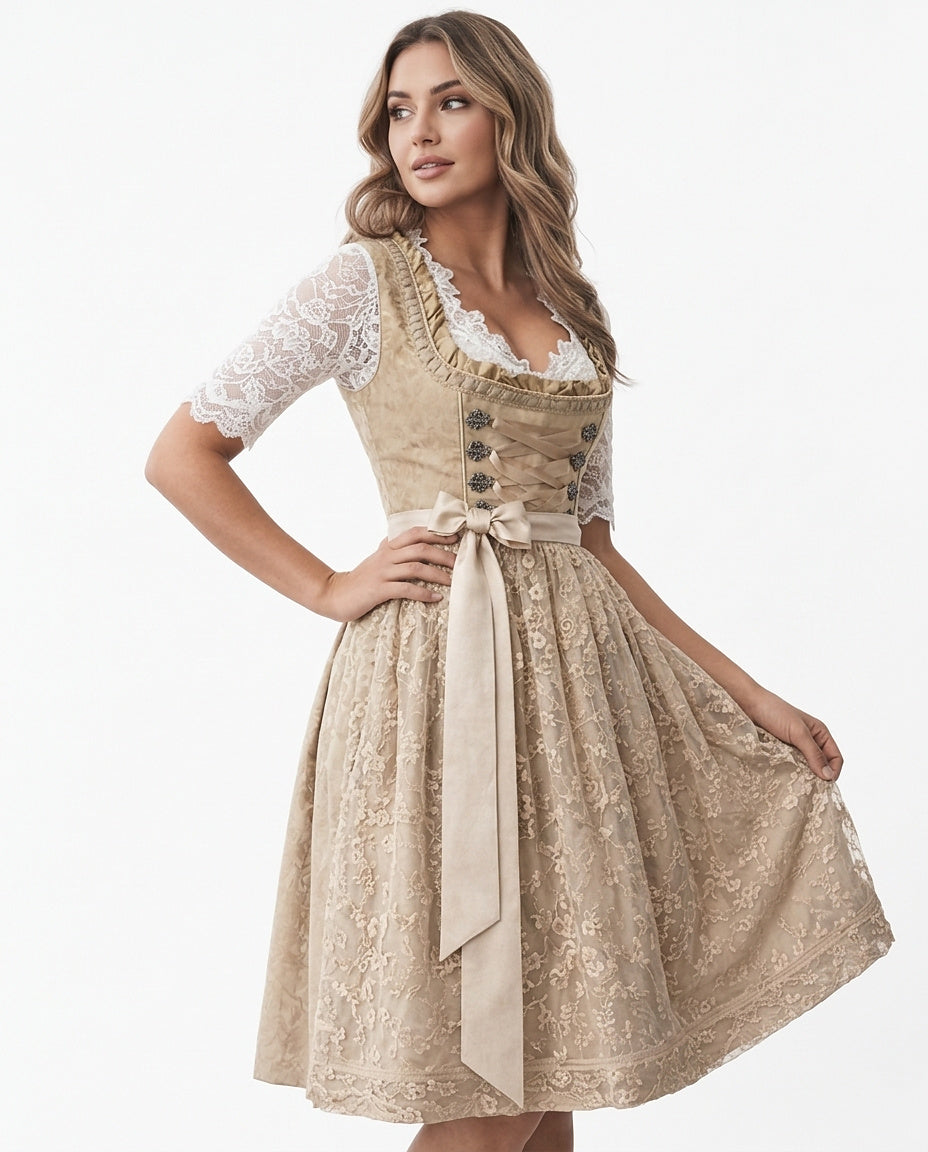 Dames Dirndl Jurk met Kanten Blouse en Vetersluiting
