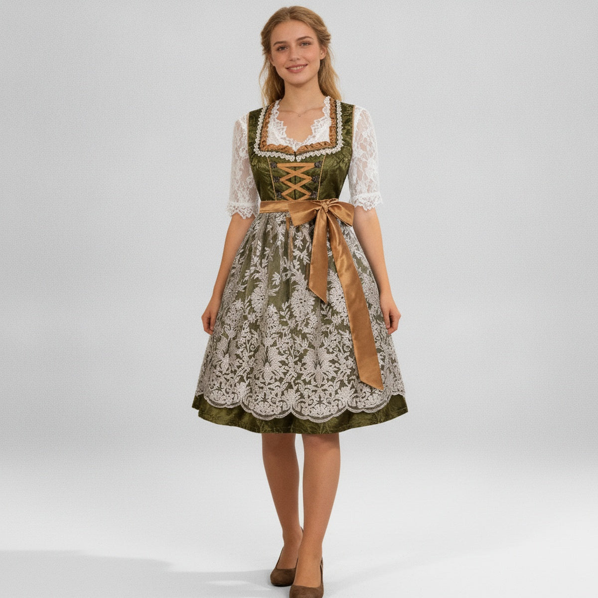 Dames Dirndl Jurk met Kanten Blouse, Geborduurde Schort en Rijgsluiting