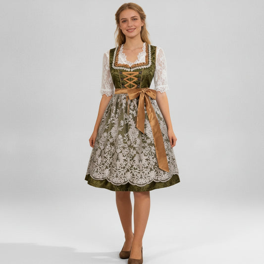 Dames Dirndl Jurk met Kanten Blouse, Geborduurde Schort en Rijgsluiting