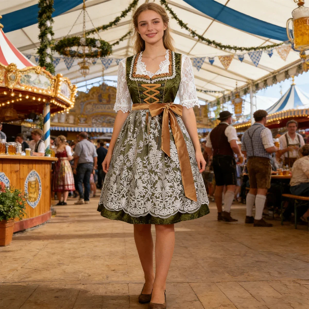 Dames Dirndl Jurk met Kanten Blouse, Geborduurde Schort en Rijgsluiting