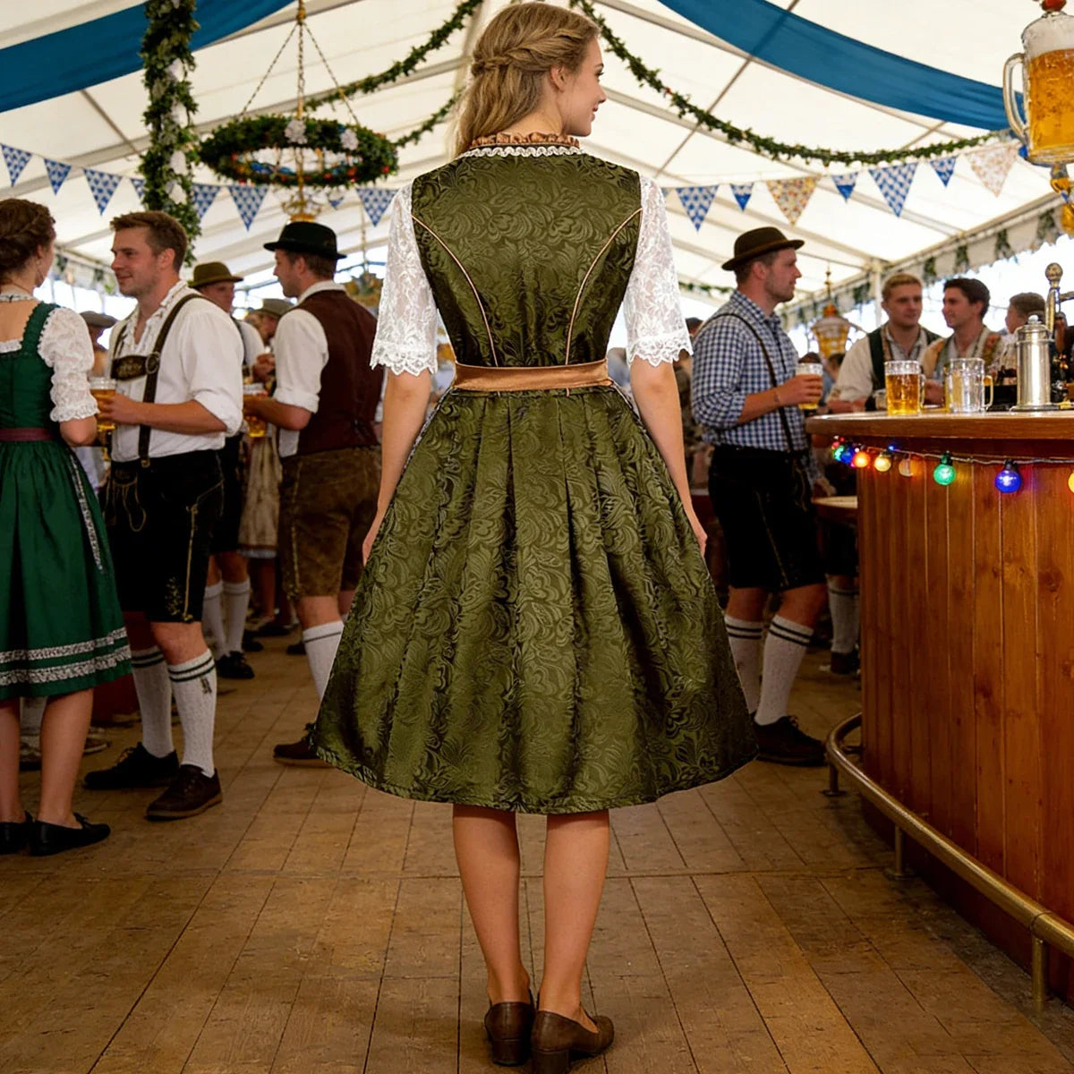 Dames Dirndl Jurk met Kanten Blouse, Geborduurde Schort en Rijgsluiting