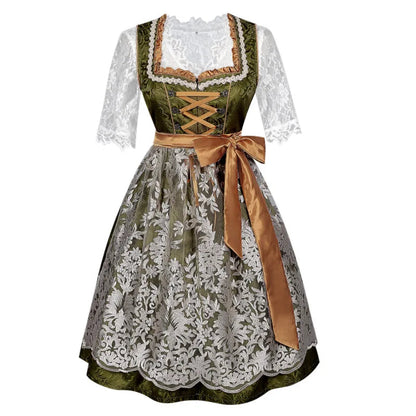 Dames Dirndl Jurk met Kanten Blouse, Geborduurde Schort en Rijgsluiting Crème