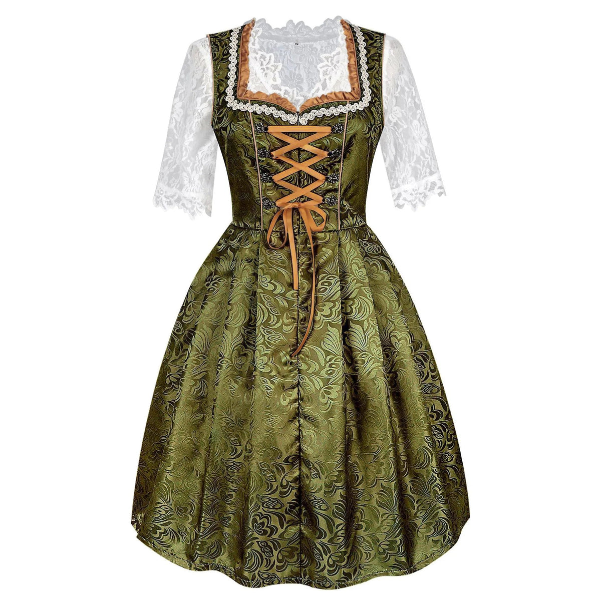Dames Dirndl Jurk met Kanten Blouse, Geborduurde Schort en Rijgsluiting Olijfgroen