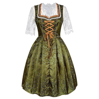 Dames Dirndl Jurk met Kanten Blouse, Geborduurde Schort en Rijgsluiting Olijfgroen