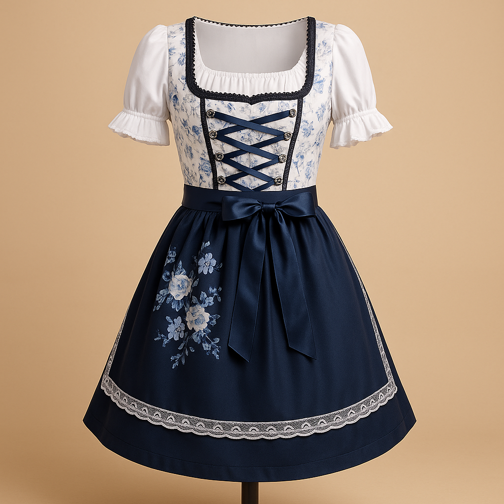 Dames Dirndl Jurk met Kanten Details, Schort en Vetersluiting voor Oktoberfest Blauw