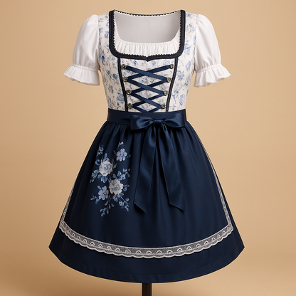 Dames Dirndl Jurk met Kanten Details, Schort en Vetersluiting voor Oktoberfest Blauw