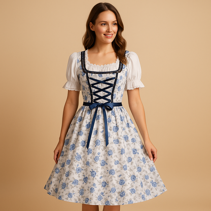 Dames Dirndl Jurk met Kanten Details, Schort en Vetersluiting voor Oktoberfest Wit