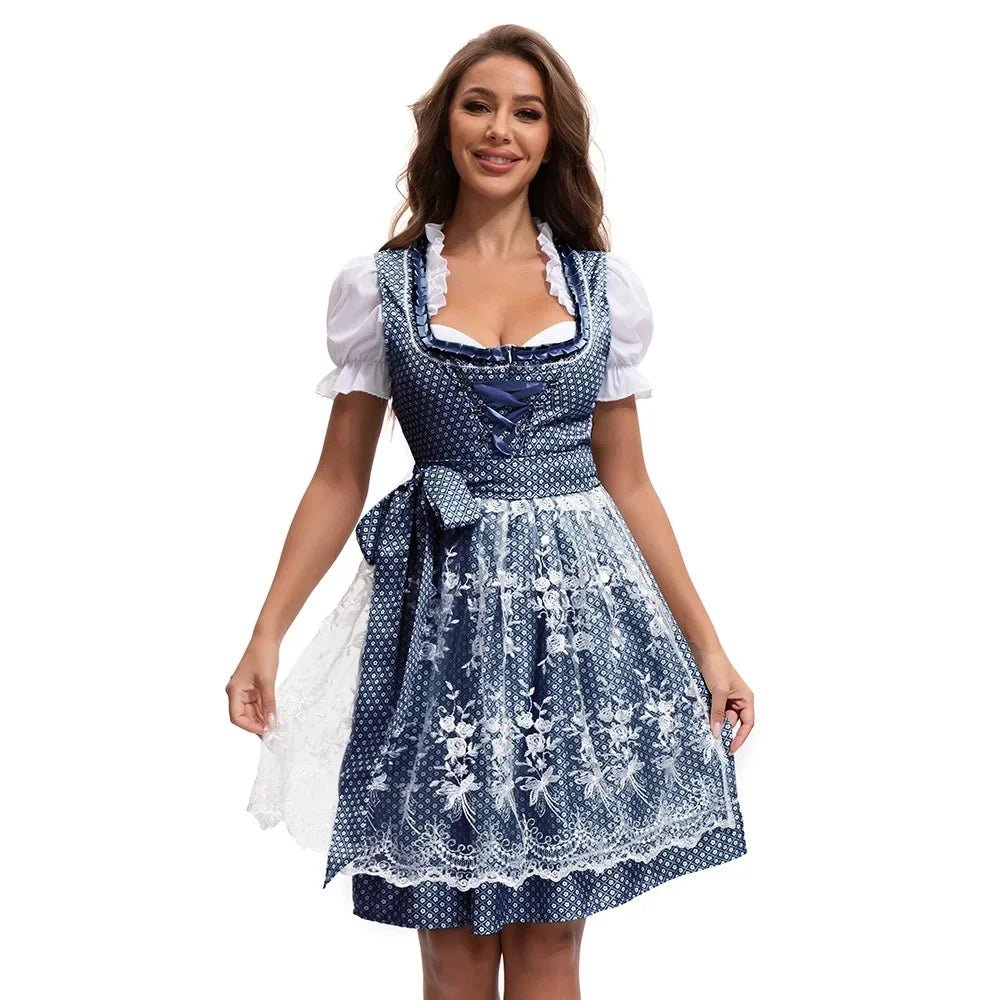 Dames Dirndl Jurk met Kanten Schort en Vetersluiting | Beierse Oktoberfest Jurk Blauw