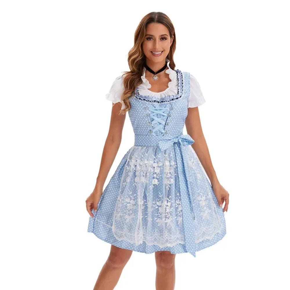 Dames Dirndl Jurk met Kanten Schort en Vetersluiting | Beierse Oktoberfest Jurk Lichtblauw