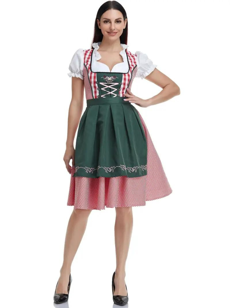 Dames Dirndl Jurk met Schort en Vetersluiting voor Oktoberfest Rood Groen Wit