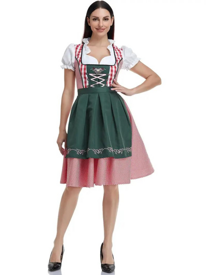 Dames Dirndl Jurk met Schort en Vetersluiting voor Oktoberfest Rood Groen Wit