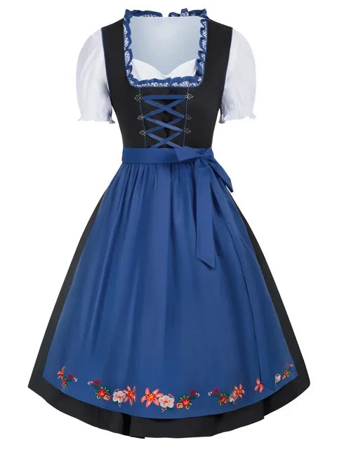 Dames Dirndl Jurk met Vetersluiting en Schort voor Oktoberfest Blauw