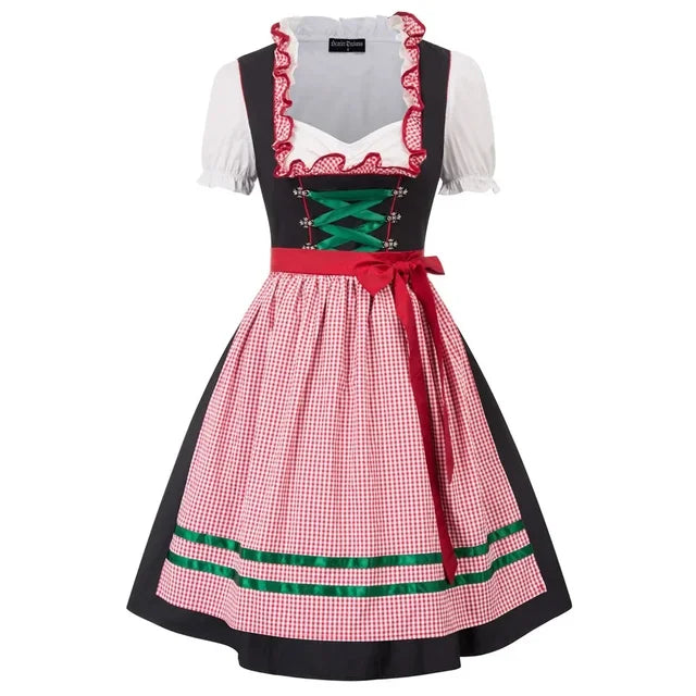 Dames Dirndl Jurk met Vetersluiting en Schort voor Oktoberfest Tartan Rood