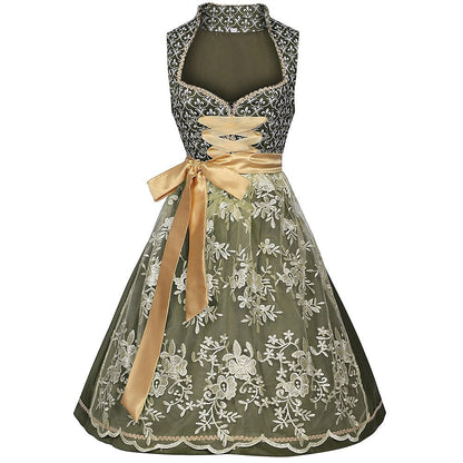 Dames Dirndl Jurk Mouwloos met Bloemenborduursel, Schort en Vetersluiting Groen