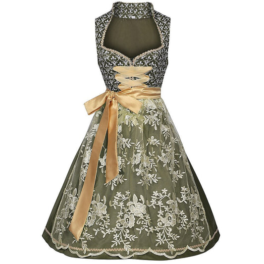 Dames Dirndl Jurk Mouwloos met Bloemenborduursel, Schort en Vetersluiting Groen