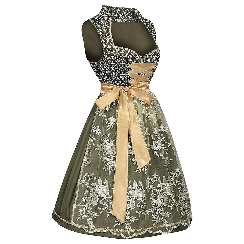 Dames Dirndl Jurk Mouwloos met Bloemenborduursel, Schort en Vetersluiting