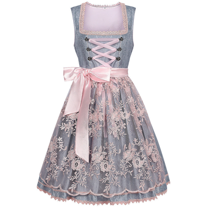 Dames Dirndl Jurk Mouwloos met Vierkante Hals, Vetersluiting en Kant Overrok Grijs