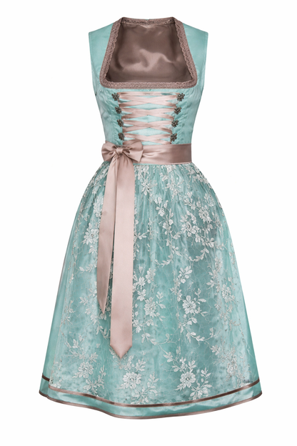 Dames Dirndl Jurk Mouwloos met Vierkante Hals, Vetersluiting en Kant Overrok Lichtblauw