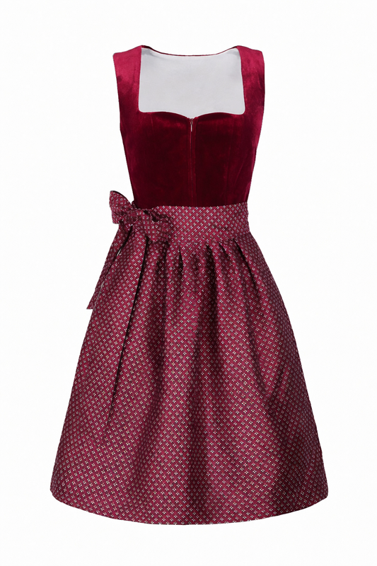 Dames Dirndl Set Mouwloos met Vierkante Hals en Schort Donkerrood