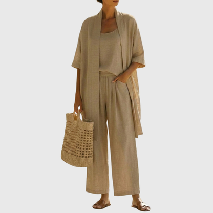 Dames Driedelig Kledingset met Kimono Cardigan, Top en Wijde Broek Khaki