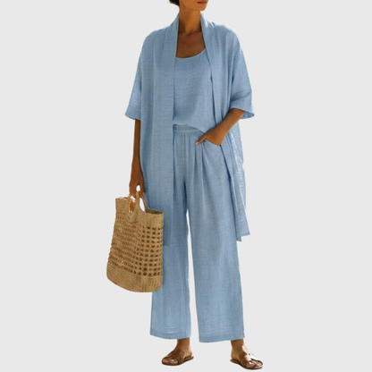 Dames Driedelig Kledingset met Kimono Cardigan, Top en Wijde Broek Blauw