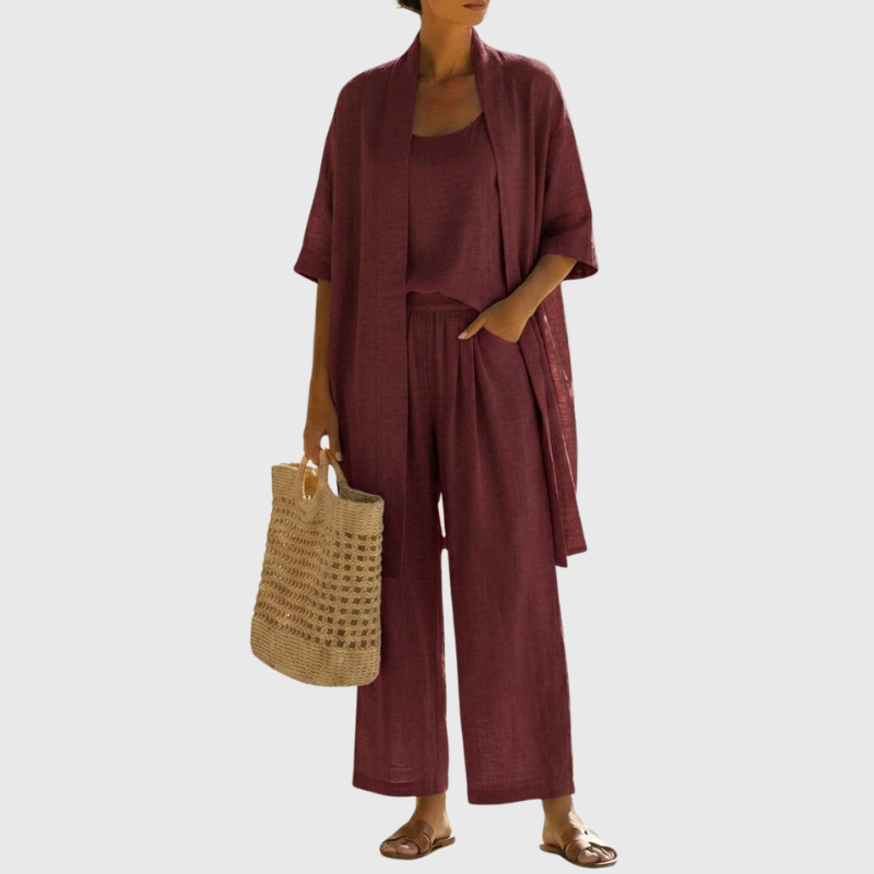 Dames Driedelig Kledingset met Kimono Cardigan, Top en Wijde Broek Wijnrood