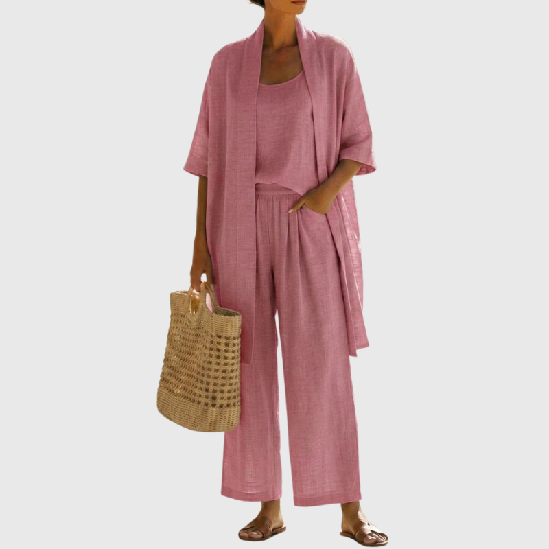 Dames Driedelig Kledingset met Kimono Cardigan, Top en Wijde Broek Roze